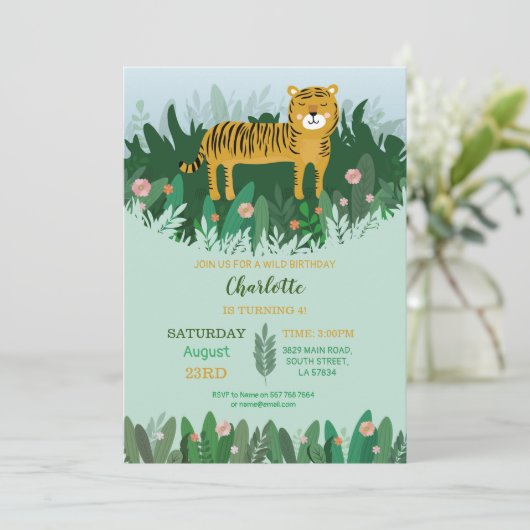 野生ジャングルのトラの誕生日の動物園のサファリ 招待状 (スタンド正面)