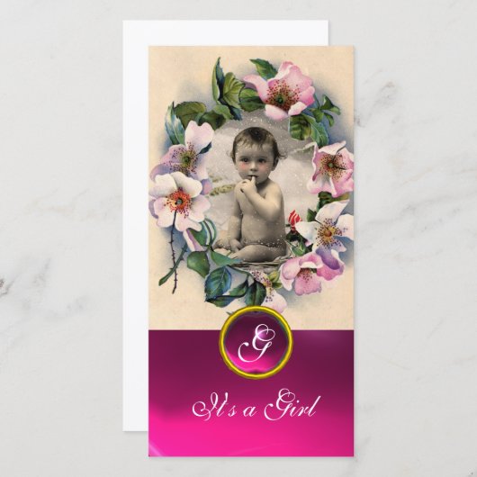 野生バラ及びピンクジェムストーンモノグラム 案内状 (正面/裏面)