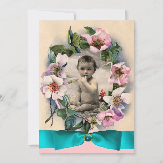 野生バラ及びブルーリボン写真テンプレートモノグラム 招待状 (正面)