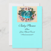 野生バラ及びブルーリボン写真テンプレートモノグラム 招待状 (裏面)