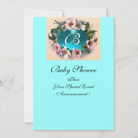 野生バラ及びブルーリボン写真テンプレートモノグラム 招待状 (裏面)