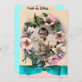 野生バラ及びブルーリボン写真テンプレートモノグラム 招待状 (正面/裏面)