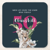 野生ヒョウ動物ピンク50誕生日 スクエアペーパーコースター (正面)