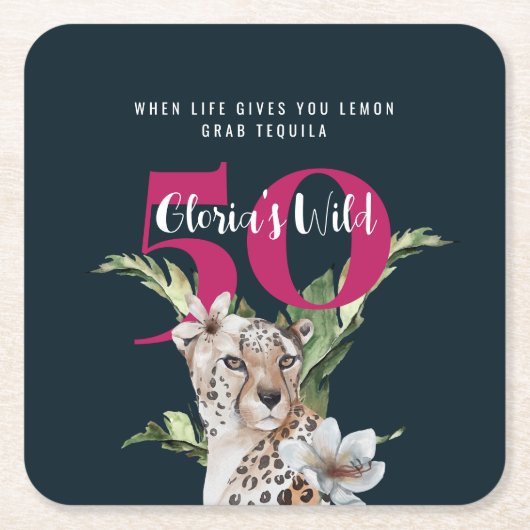 野生ヒョウ動物ピンク50誕生日 スクエアペーパーコースター (正面)
