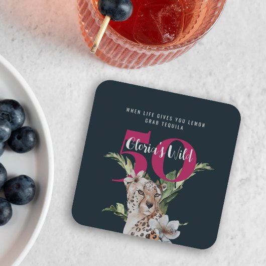 野生ヒョウ動物ピンク50誕生日 スクエアペーパーコースター