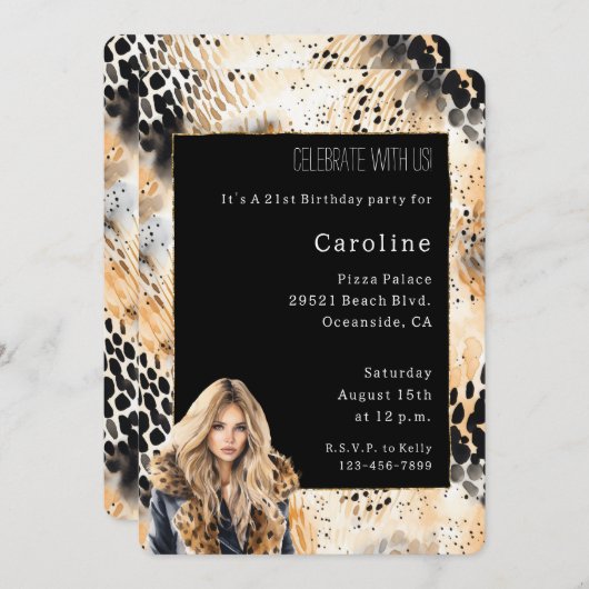 野生ヒョウ金髪の雌コート動物誕生日 招待状 (正面/裏面)
