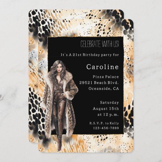野生ヒョウ雌コート動物誕生日 招待状 (正面/裏面)