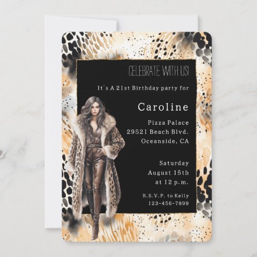 野生ヒョウ雌コート動物誕生日 招待状 (正面)