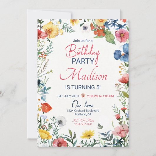 野生モダンの花の誕生日の招待ボホフローラ 招待状 (正面)