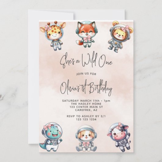 野生ワンベビー動物宇宙飛行士ピンク1歳の誕生日 招待状 (正面)