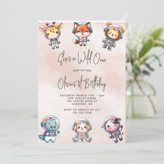 野生ワンベビー動物宇宙飛行士ピンク1歳の誕生日 招待状 (スタンド正面)