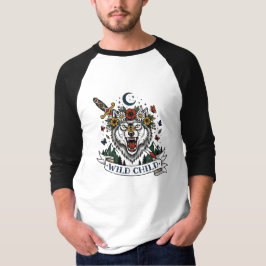 野生児ウルフフラワークラウンタトゥーフラッシュF Tシャツ