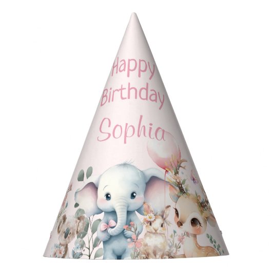 野生動物かわいい動物ピンクの誕生日パーティー パーティーハット (正面)