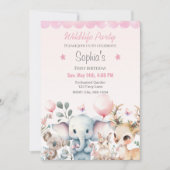 野生動物かわいい動物ピンクの誕生日パーティー 招待状 (正面)