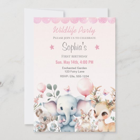 野生動物かわいい動物ピンクの誕生日パーティー 招待状 (正面)