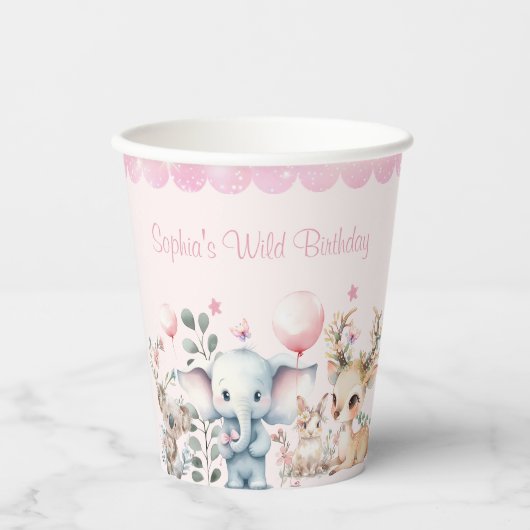 野生動物かわいい動物ピンクの誕生日パーティー 紙コップ (正面)