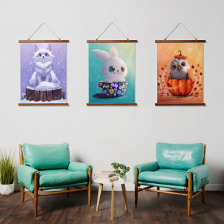 野生動物がかわいい森の仲間たち : キツネ、フクロウ、& ウサギ 吊り下げ型タペストリー