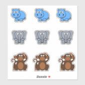 野生動物のカバ、象、サル カートゥーン シール (シート)