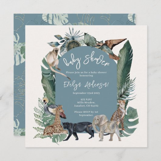 野生動物の水色の熱帯ブルーベビーシャワー 招待状 (正面/裏面)