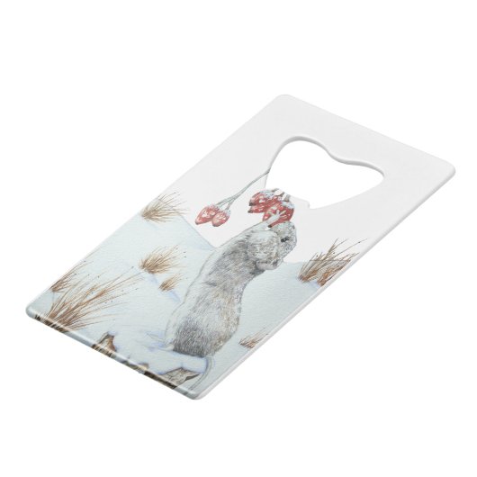 野生動物の雪のシーンかわいいフィールドマウスの写真 クレジットカード栓抜き (正面アングル)