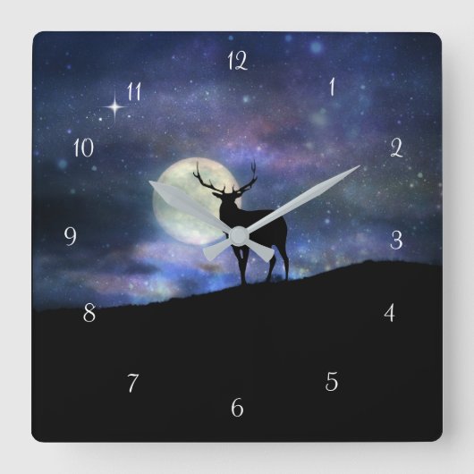 野生動物エルクと月 スクエア壁時計 (正面)