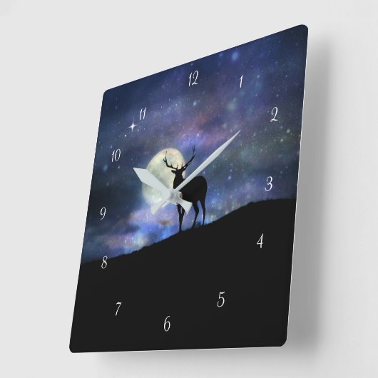 野生動物エルクと月 スクエア壁時計 (傾斜)
