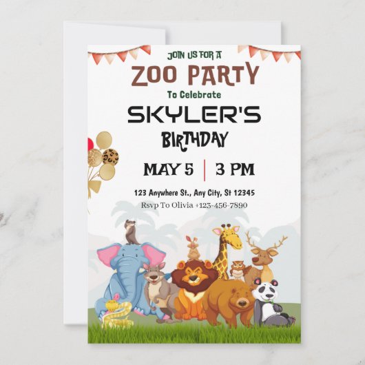 野生動物キッズズズーパーティー誕生日招待状 招待状 (正面)