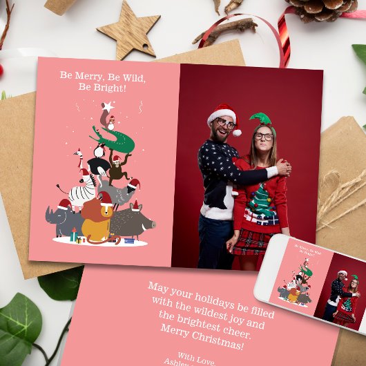 野生動物クリスマスツリーフラットホリデーカード シーズンカード