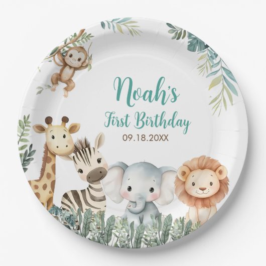 野生動物サファリの誕生日パーティー ペーパープレート (正面)