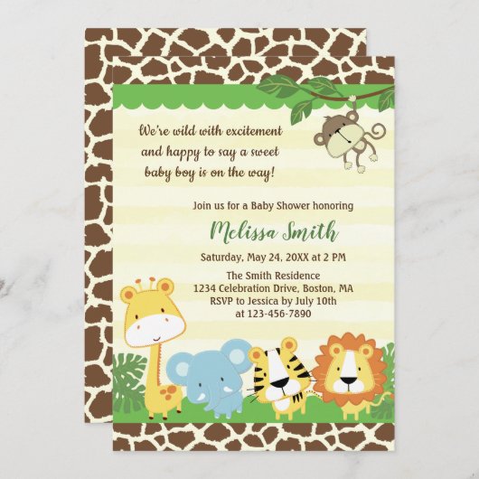 野生動物サファリジャングルベビーシャワー招待状 招待状 (正面/裏面)