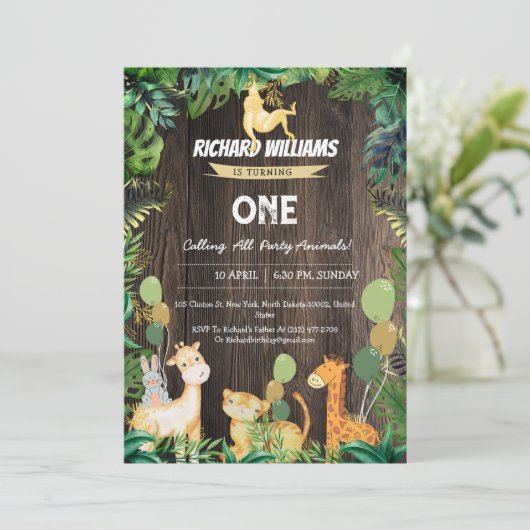 野生動物ジャングルテーマキッズサファリ誕生日 招待状 (スタンド正面)