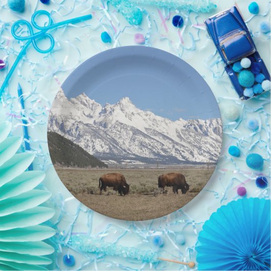 野生動物バイソンマウンテンスノーフォト ペーパープレート (パーティー)
