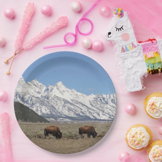 野生動物バイソンマウンテンスノーフォト ペーパープレート (パーティー)
