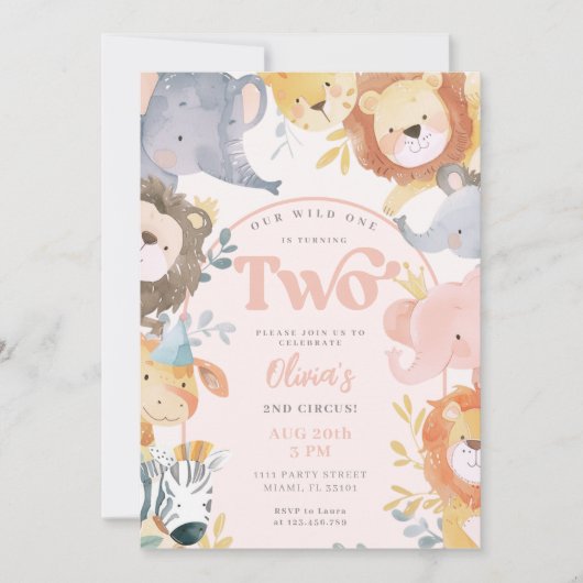野生動物ピンクツーガールフォト誕生日 招待状 (正面)