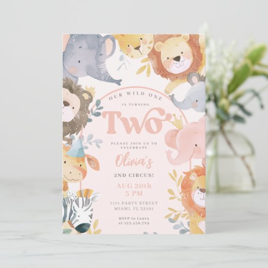 野生動物ピンクツーガールフォト誕生日 招待状 (スタンド正面)