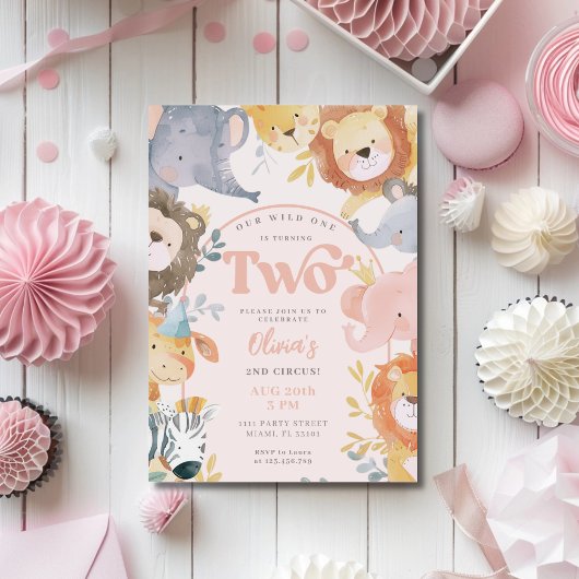 野生動物ピンクツーガールフォト誕生日 招待状
