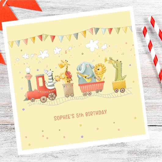 野生動物付き音楽列車子供の誕生日 スタンダードランチョンナプキン