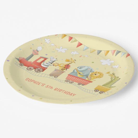 野生動物付き音楽列車子供の誕生日 ペーパープレート (アングル)