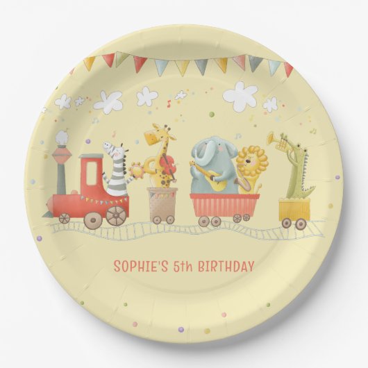 野生動物付き音楽列車子供の誕生日 ペーパープレート (正面)