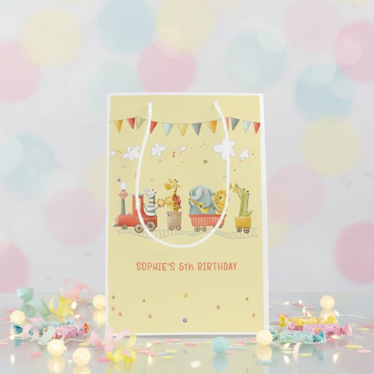 野生動物付き音楽列車子供の誕生日 ミディアムペーパーバッグ