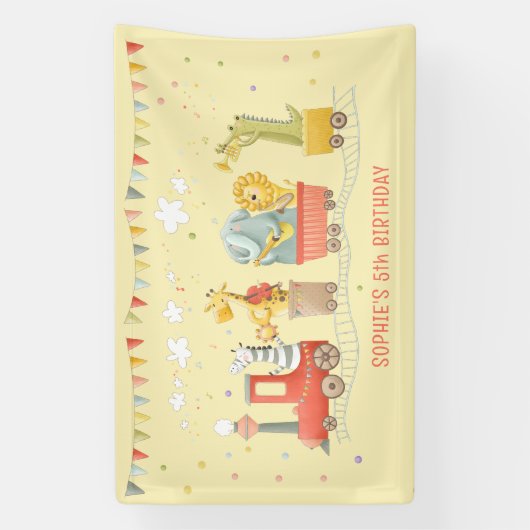 野生動物付き音楽列車子供の誕生日 横断幕 (縦)