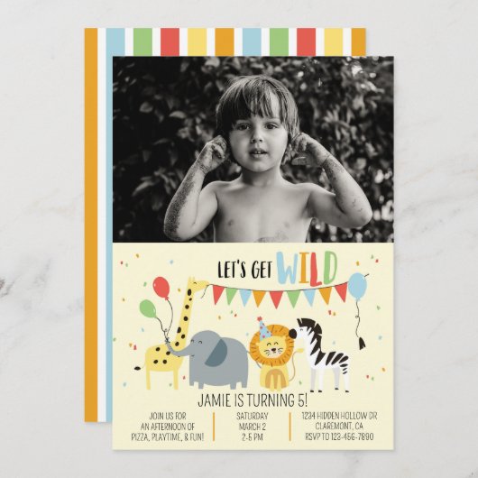 野生動物園パーティー動物誕生日写真招待状 招待状 (正面/裏面)