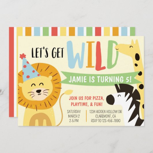 野生動物園パーティー動物誕生日招待状 招待状 (正面/裏面)