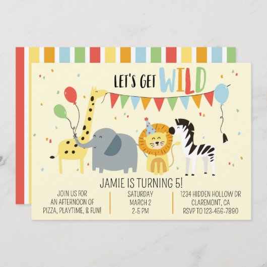 野生動物園パーティー動物誕生日招待状 招待状 (正面/裏面)