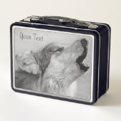 野生動物絵画のハウリングをする灰色オオカミの現実主義者 メタルランチボックス (裏面)