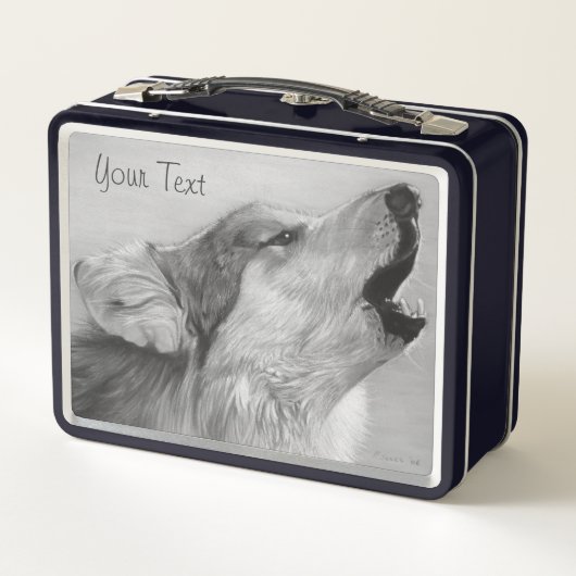 野生動物絵画のハウリングをする灰色オオカミの現実主義者 メタルランチボックス (裏面)