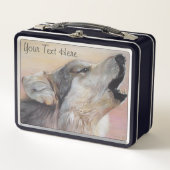 野生動物絵画のハウリングをする灰色オオカミの現実主義者 メタルランチボックス (正面)