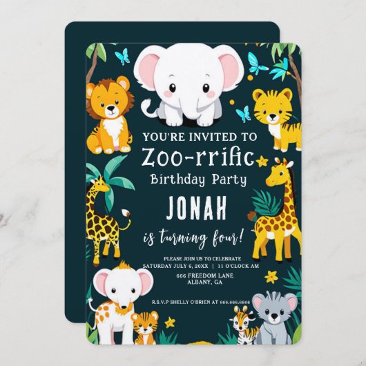 野生動物誕生日招待状-パーティー動物 招待状 (正面/裏面)