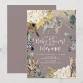 野生動物赤ちゃんシャワーグリッターほこりっぽいピンク 招待状 (正面/裏面)