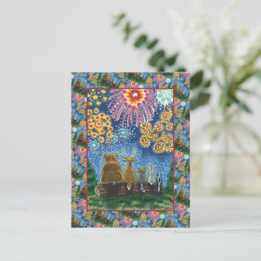 野生動物7月4日の花火、かわいいおもしろい シーズンポストカード (スタンド正面)